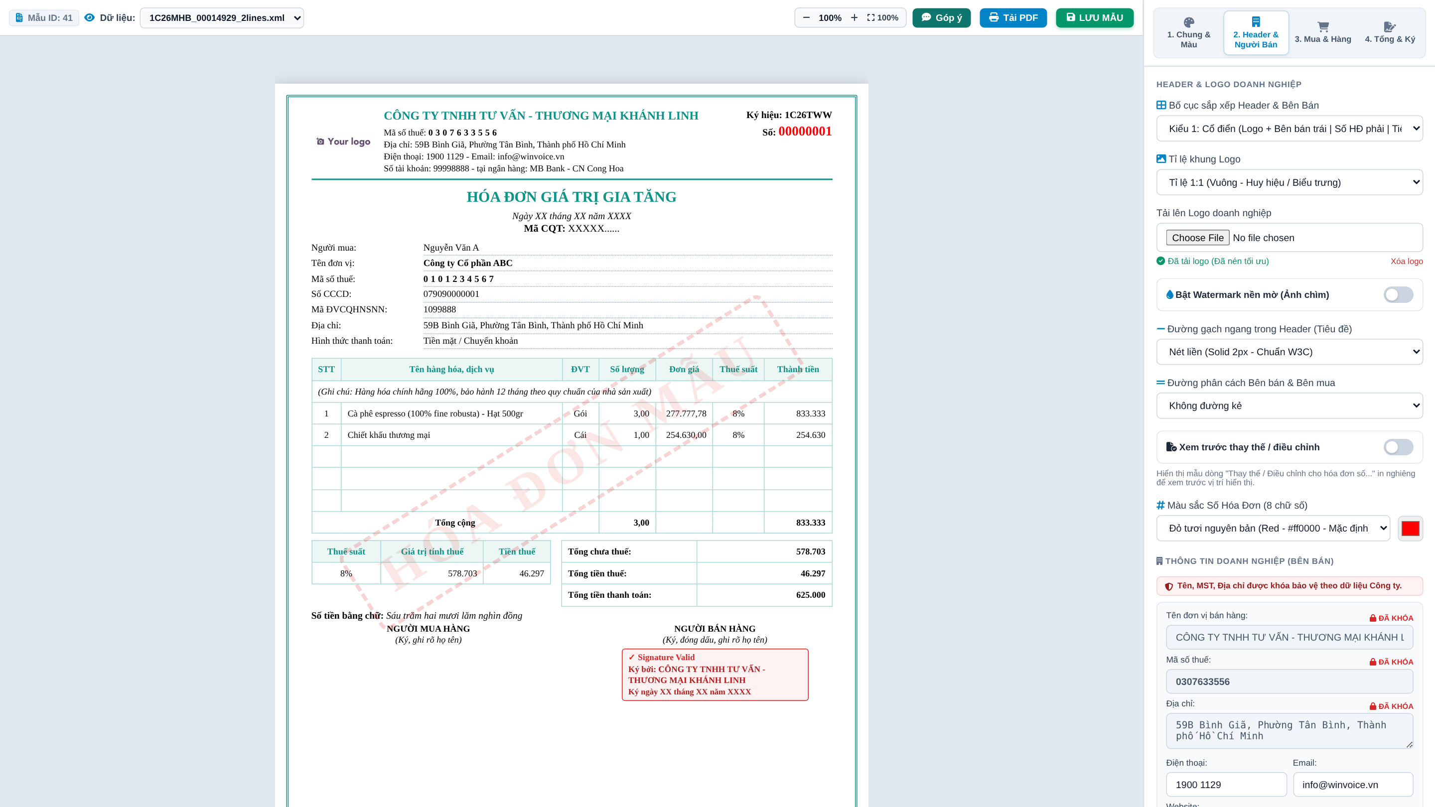 Tab 2: Header và Người Bán trên Template Designer