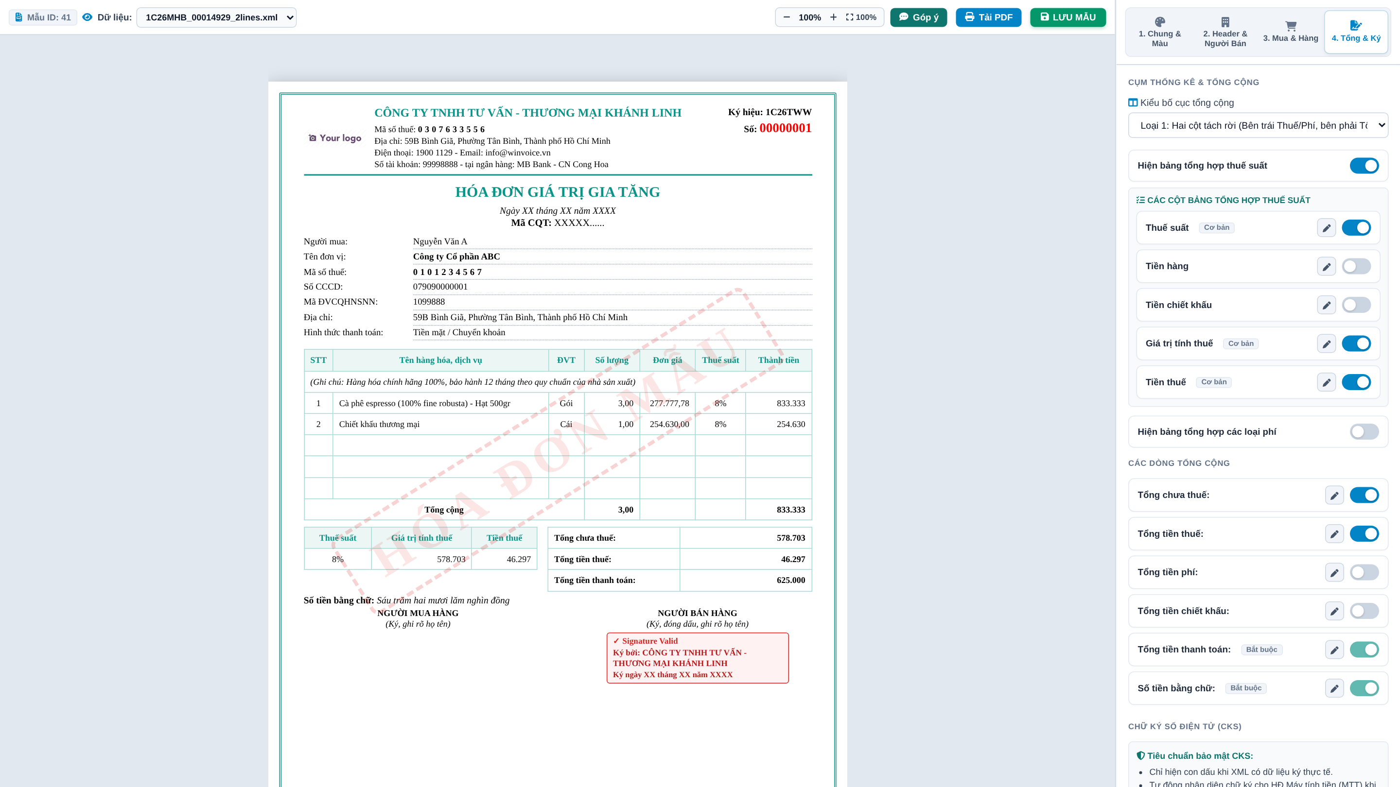 Tab 4: Tổng cộng và Chữ ký số trên Template Designer