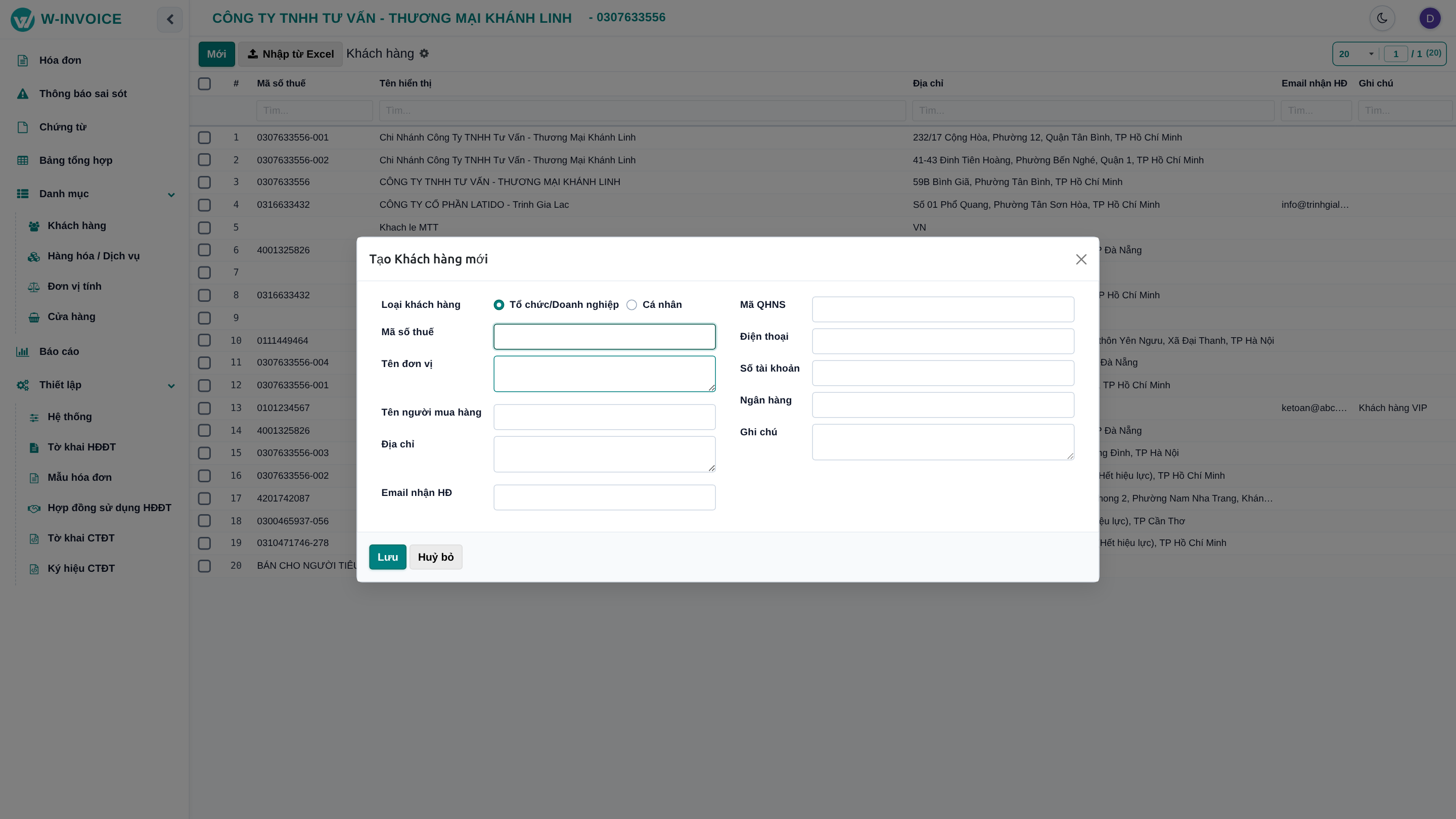 Form tạo khách hàng mới trên W-INVOICE