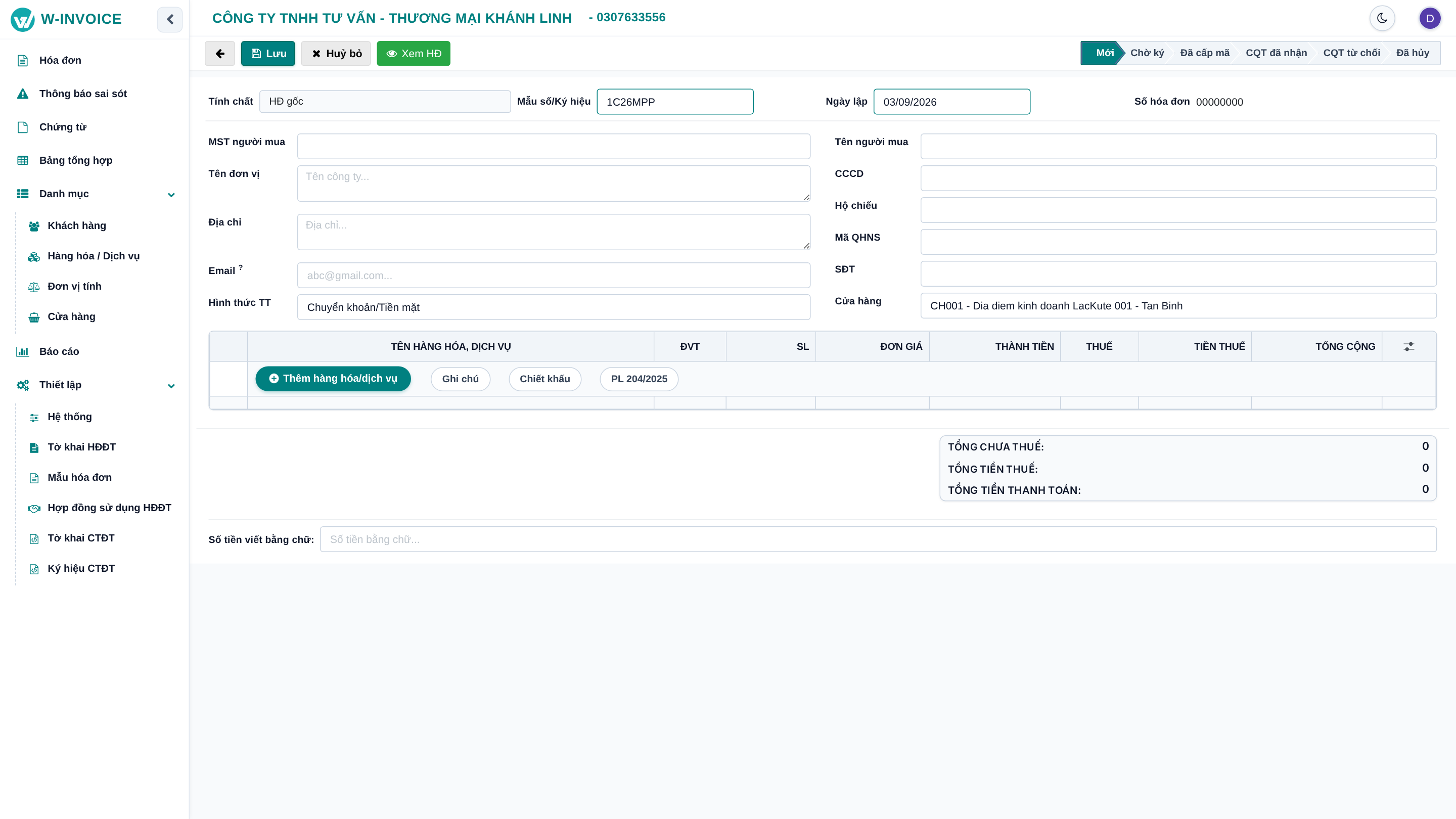 Màn hình chi tiết lập Hóa đơn Điều chỉnh Thay thế trên W-INVOICE