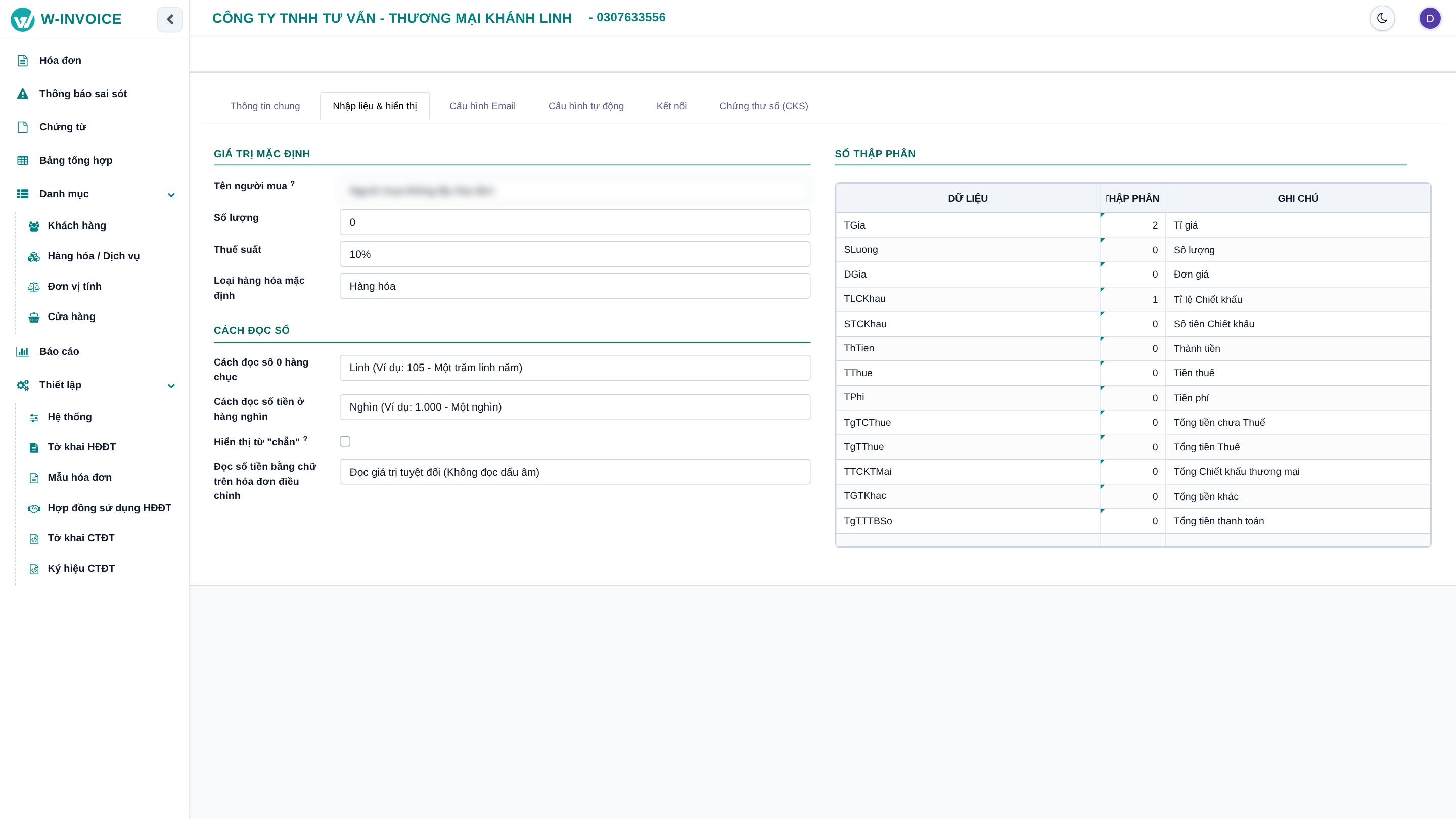 Cấu hình số thập phân trên W-INVOICE