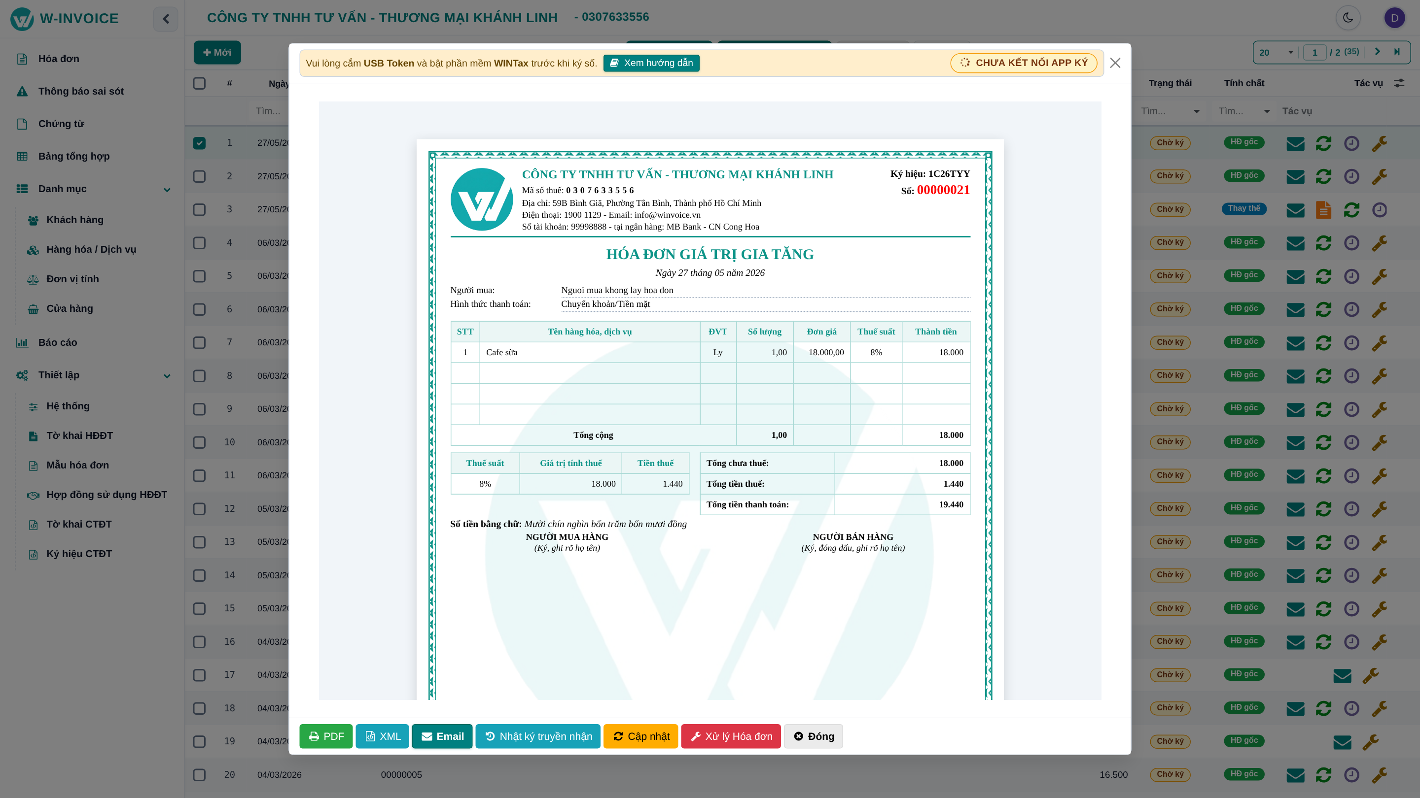 Cửa sổ Xem trước & Ký phát hành Hóa đơn W-INVOICE