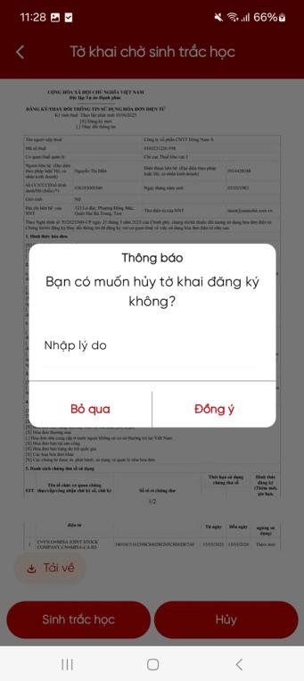 Nhập lý do hủy tờ khai