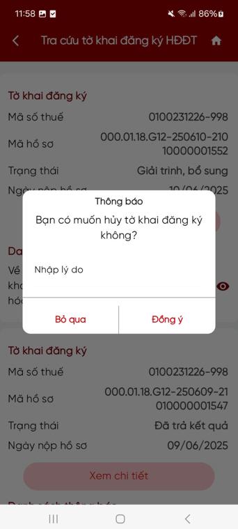 Hủy hồ sơ chưa có kết quả