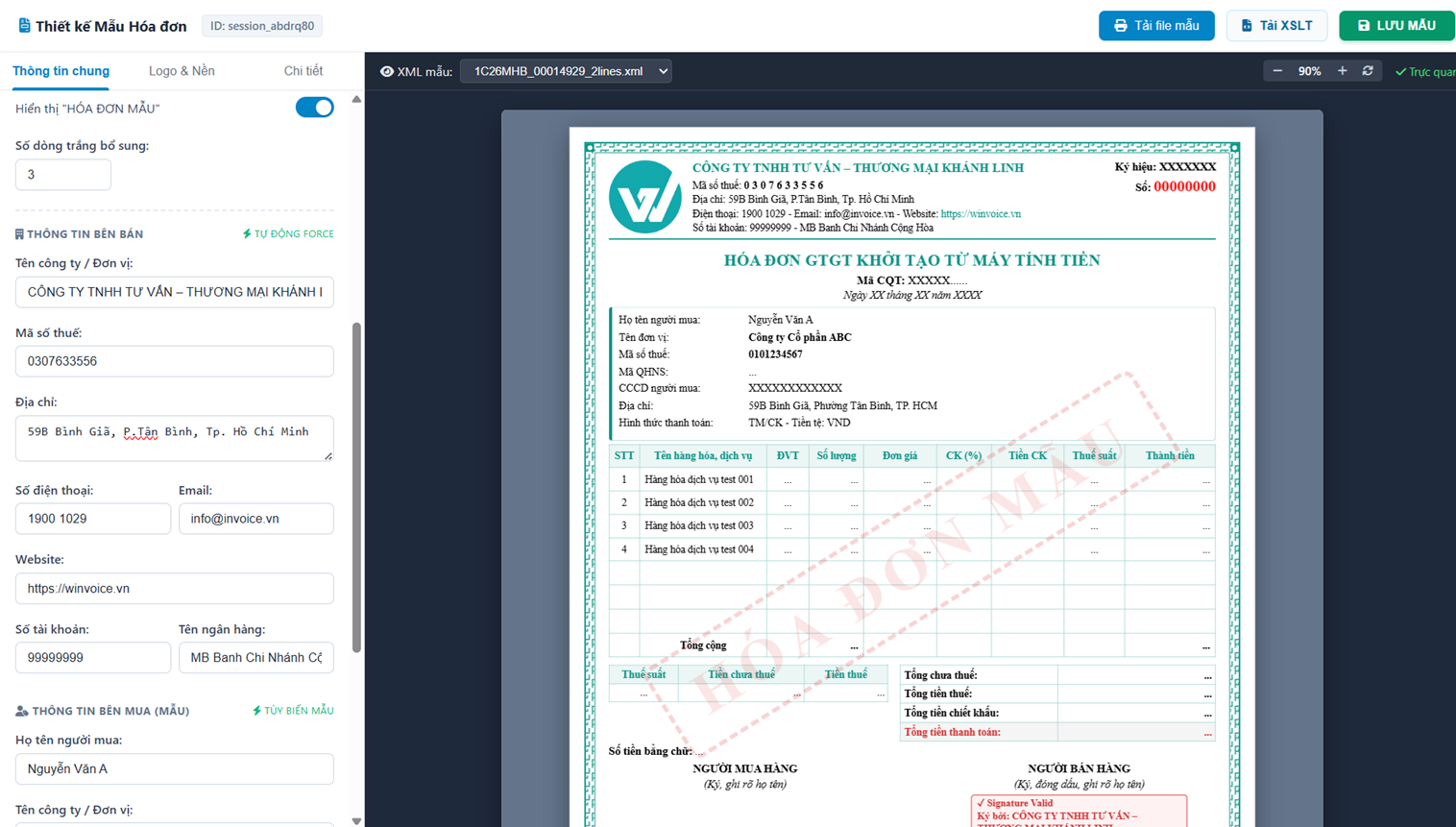 Thiết kế mẫu hiển thị hóa đơn W-INVOICE