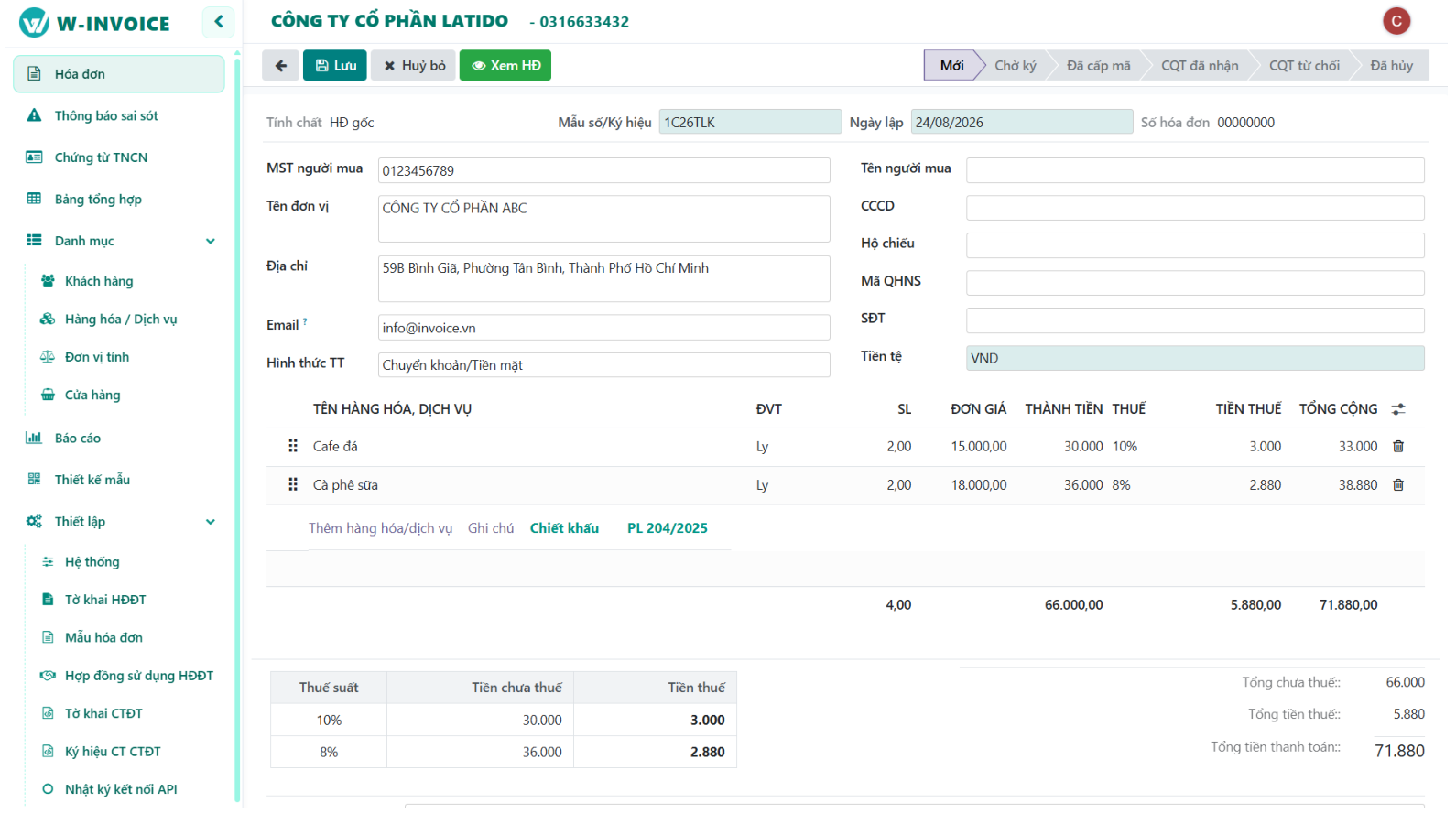 Màn hình nhập liệu tiêu chuẩn W-INVOICE