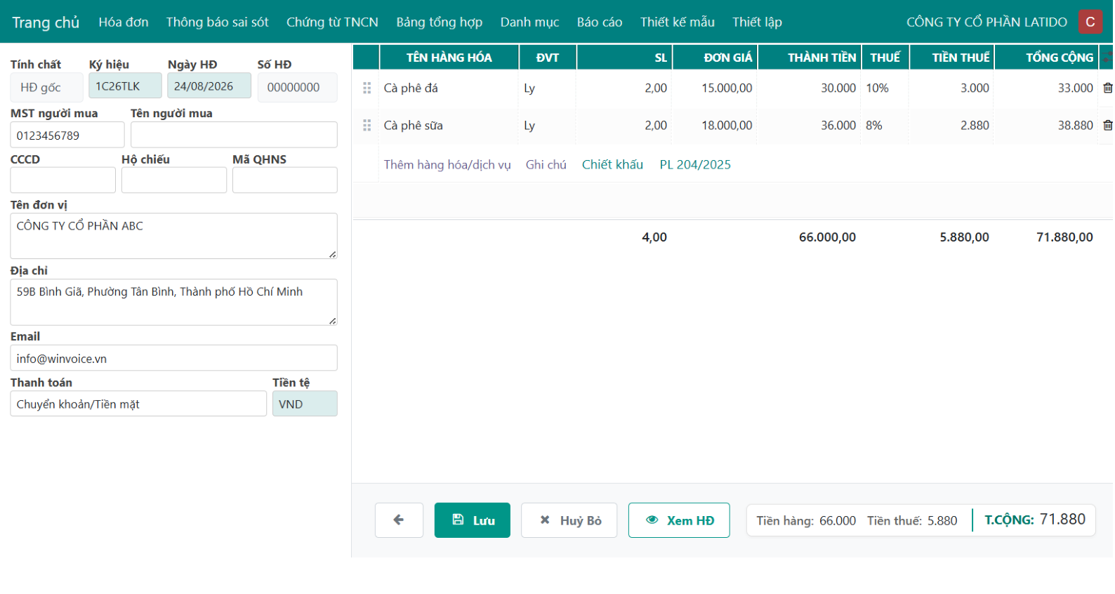 Màn hình nhập liệu POS W-INVOICE